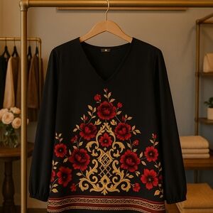 JM Collection Black Blouse with Red Floral Design